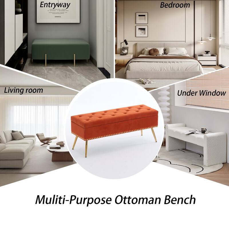 Velvet Storage Ottoman Bench with gold legs and Nailhead Trim for Bedroom/End of Bed/Entryway/Window