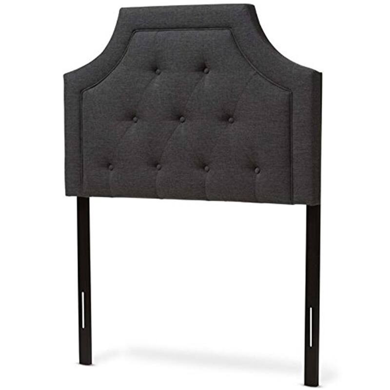 Dark Grey Twin Fabric Upholstered Headboard with Button Tufting, Cut-Out Corners, Adjustable Wood Posts