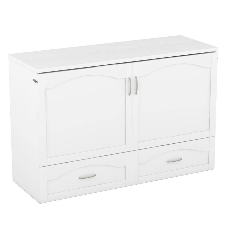 Queen Size Multi-Function Murphy Bed with USB Ports & 2 Drawer, Pulley Structure Design Space-Saving Foldable Wall Bed, White