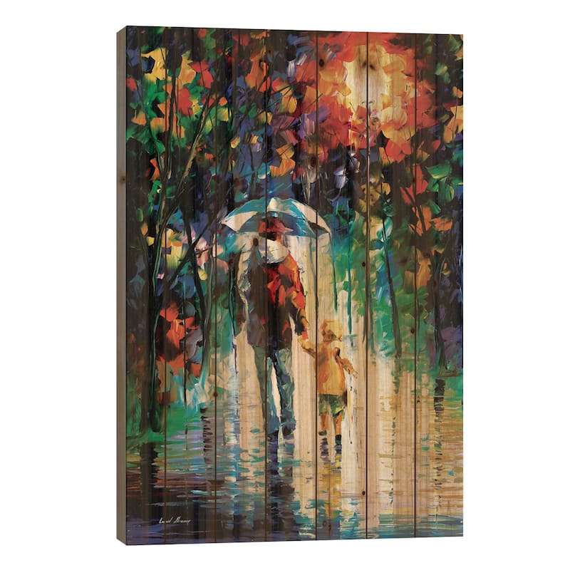 Rainy Walk With Daddy Print On Wood by Leonid Afremov - Multi-Color - 26x18x1.5