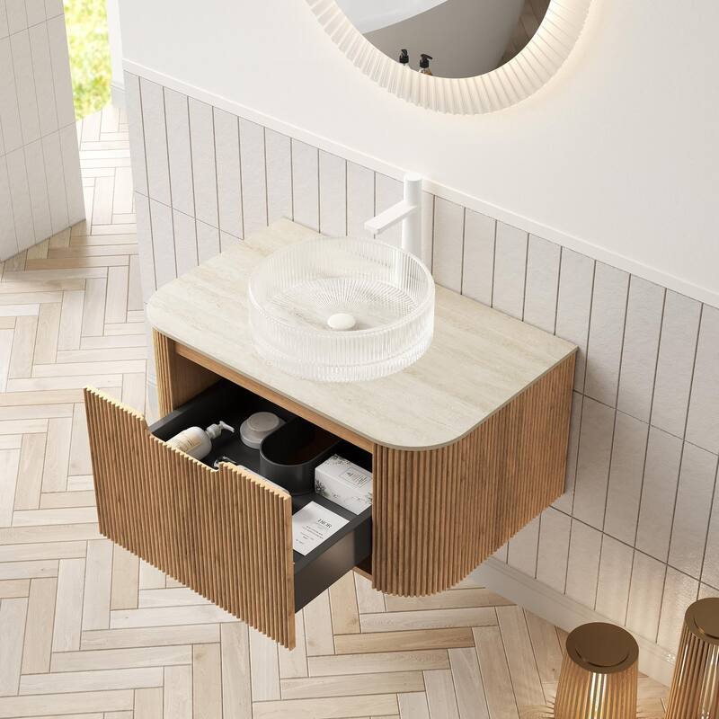 Floating Bathroom Vanity with Transparent Round Glass Basin