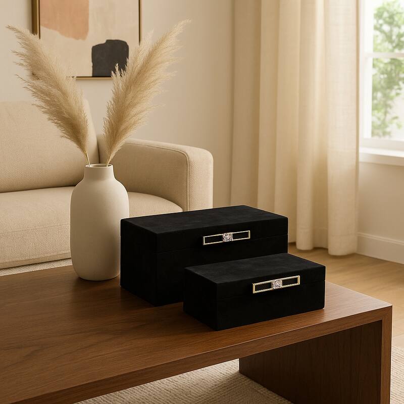 Wood Decorative Boxes Metal Handle with Lid (Set of 2) - 4/6" Black - 14" x 8" x 6"