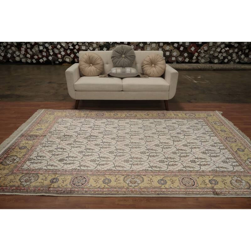 Hand Knotted Oriental Silk Carpet Traditional Floral Beige & Ivories Kashmir Area Rug - 8' 11'' X 6' 1''