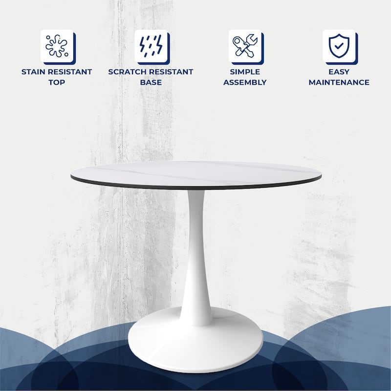 Bristol Series 40" Round Dining Table for 4 with Sintered Stone Tabletop and White Base for Kitchen and Dining Room