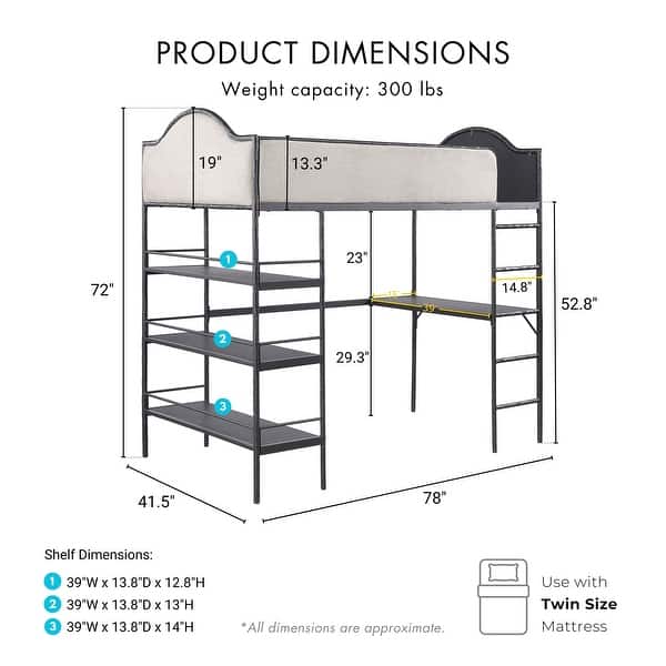 Furniture of America Orven Modern Black Metal Twin Loft Bed with Desk and Shelves