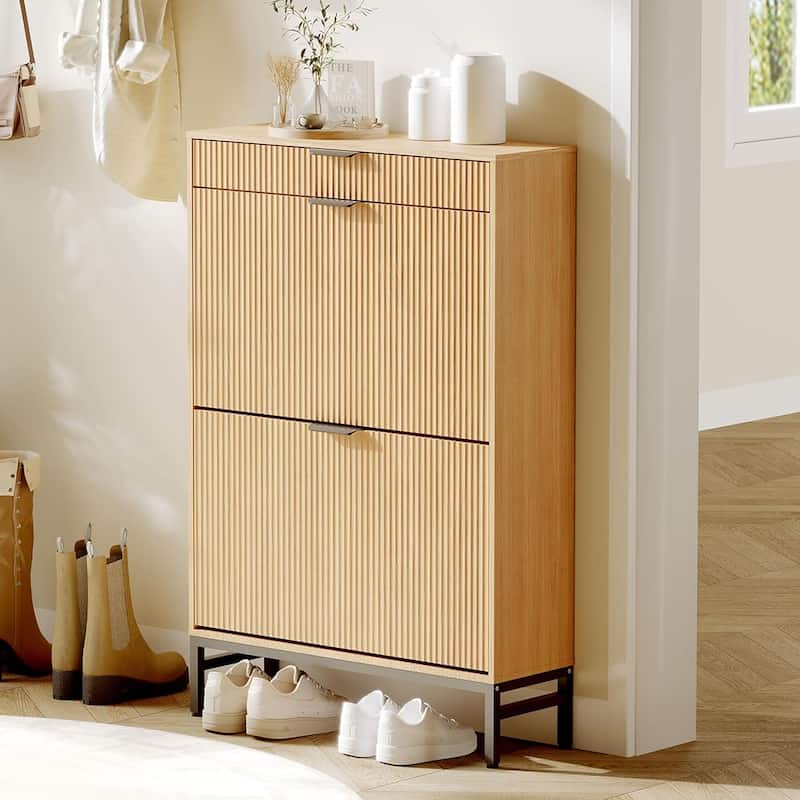 Fluted Shoe Storage Cabinet, Narrow Shoe Organizer with 2 Flip Drawers