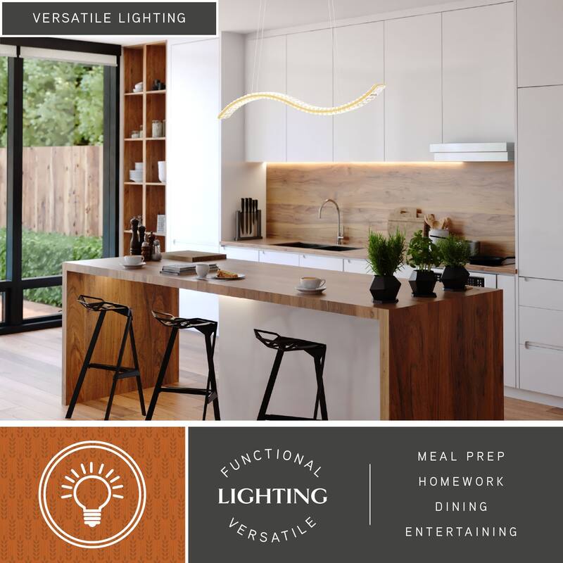 Edgewater 1L LED Gold Brass Contemporary Crystal Linear Chandelier Island Pendant Light Fixture - 37.5-in W x 5-in H x 4.25-in D