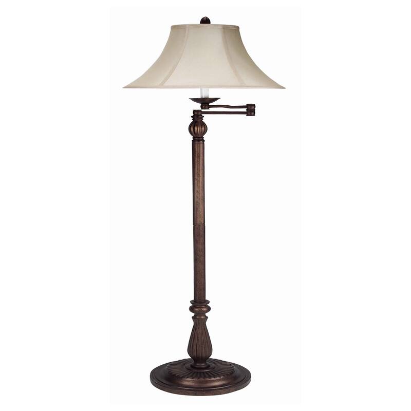 Swing Arm Metal Body Floor Lamp with Fabric Bell Shade, Bronze and Beige