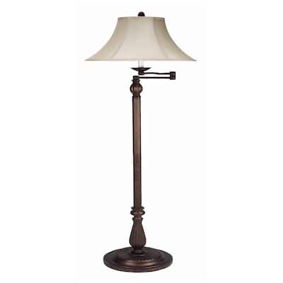 Swing Arm Metal Body Floor Lamp with Fabric Bell Shade, Bronze and Beige