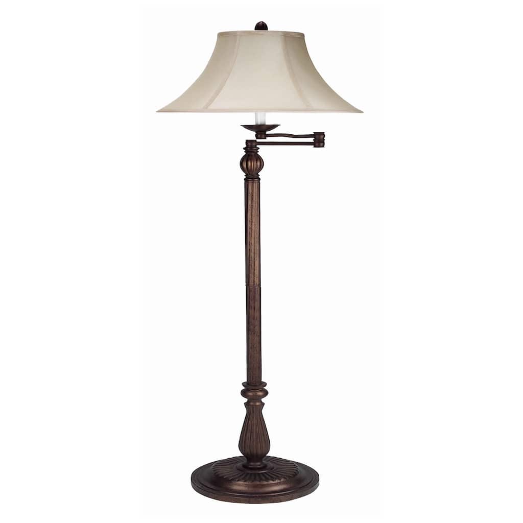 Swing Arm Metal Body Floor Lamp with Fabric Bell Shade, Bronze and Beige