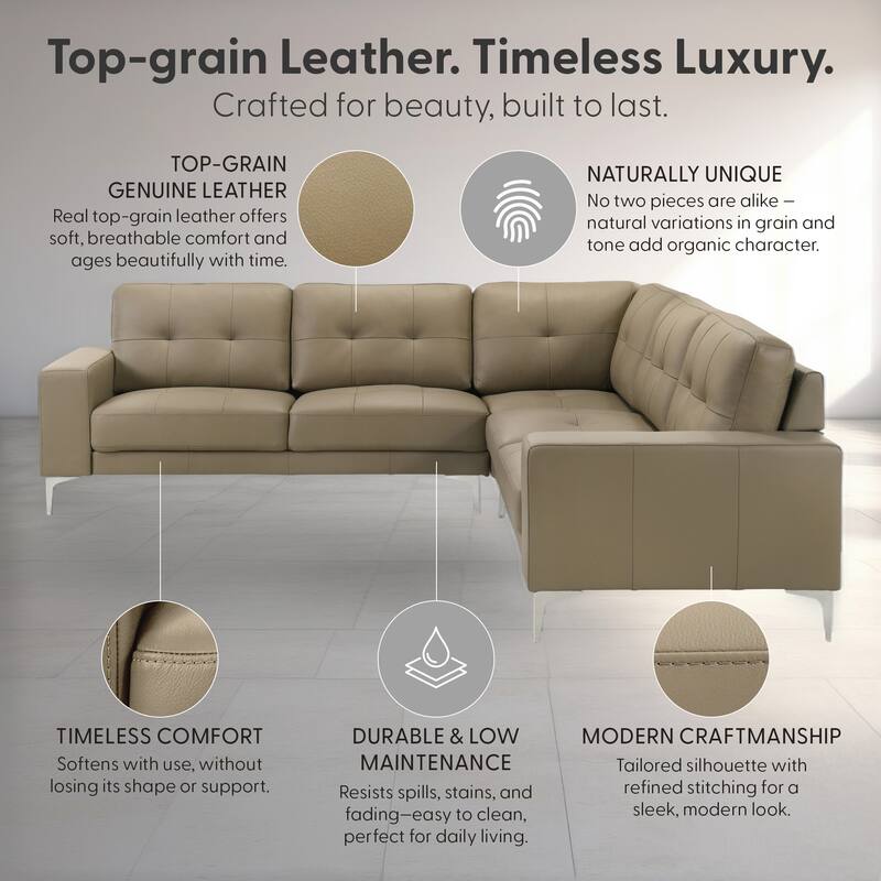 Pimentel Modern 102 in. Modern Top Grain Genuine Leather Sectional Sofa with Tufted Back and Track Arms