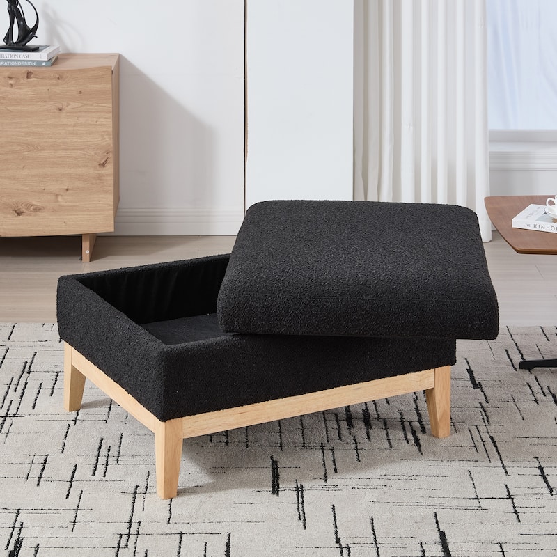 Upholstered Storage Ottoman with Reversible Lid, Square Storage Coffee Table with Rubberwood Legs, Boucle Footstool