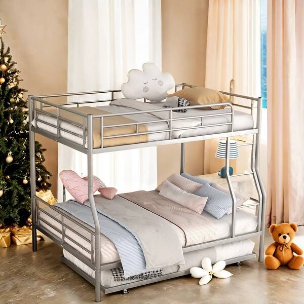 slide 2 of 38, Full Xl Over Queen Metal Bunk Bed With Trundle, Easy Assembly Silver