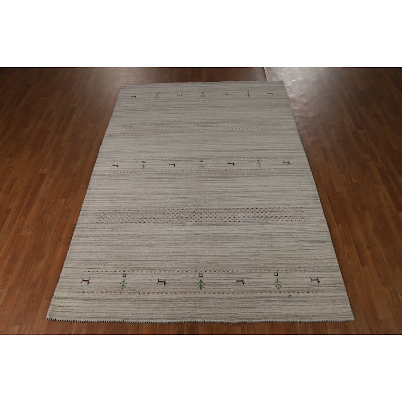 Hand Knotted Oriental 100% Wool Carpet Tribal Animal Pictorial Beige & Ivories Gabbeh Area Rug - 8' 10'' X 6' 1''
