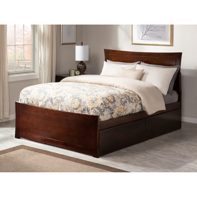 Metro Full Platform Bed with Footboard with 2 Bed Drawers in Walnut