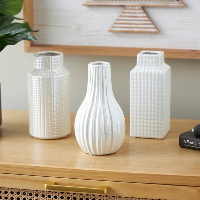 Gold, Cream or Silver Ceramic Dimensional Textured Geometric Vase with Varying Shapes and Grid Patterns (Set of 3) - Cream