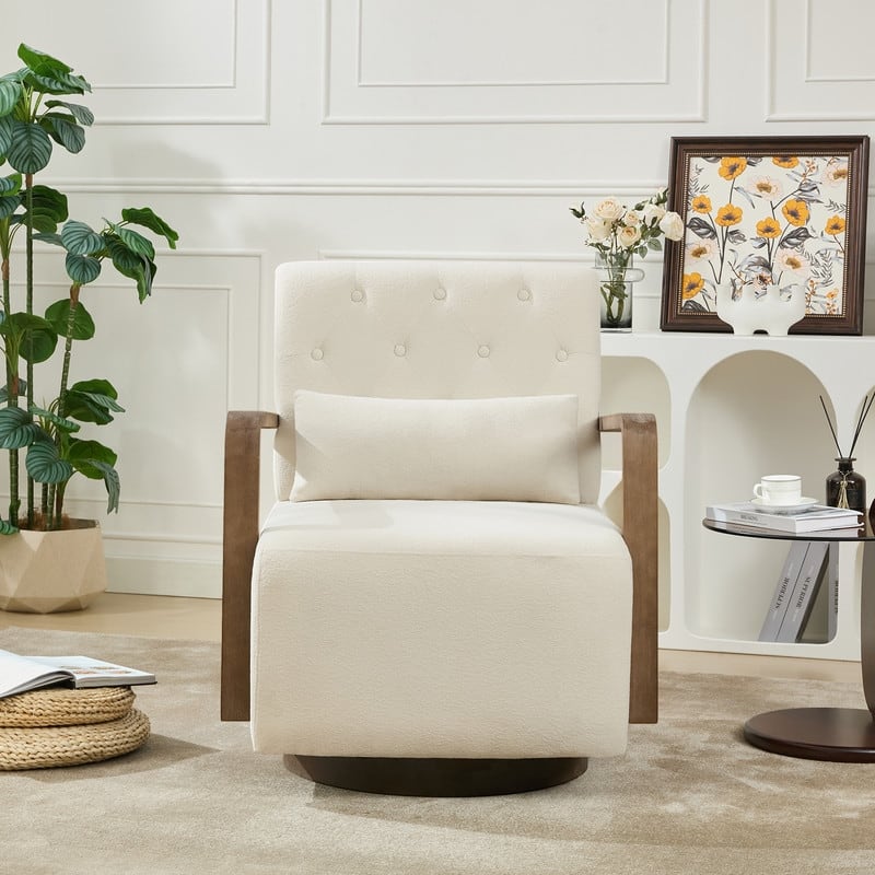 Solid Wood Swivel Accent Chair with Armrests and Lumbar Pillow - 360° Rotation