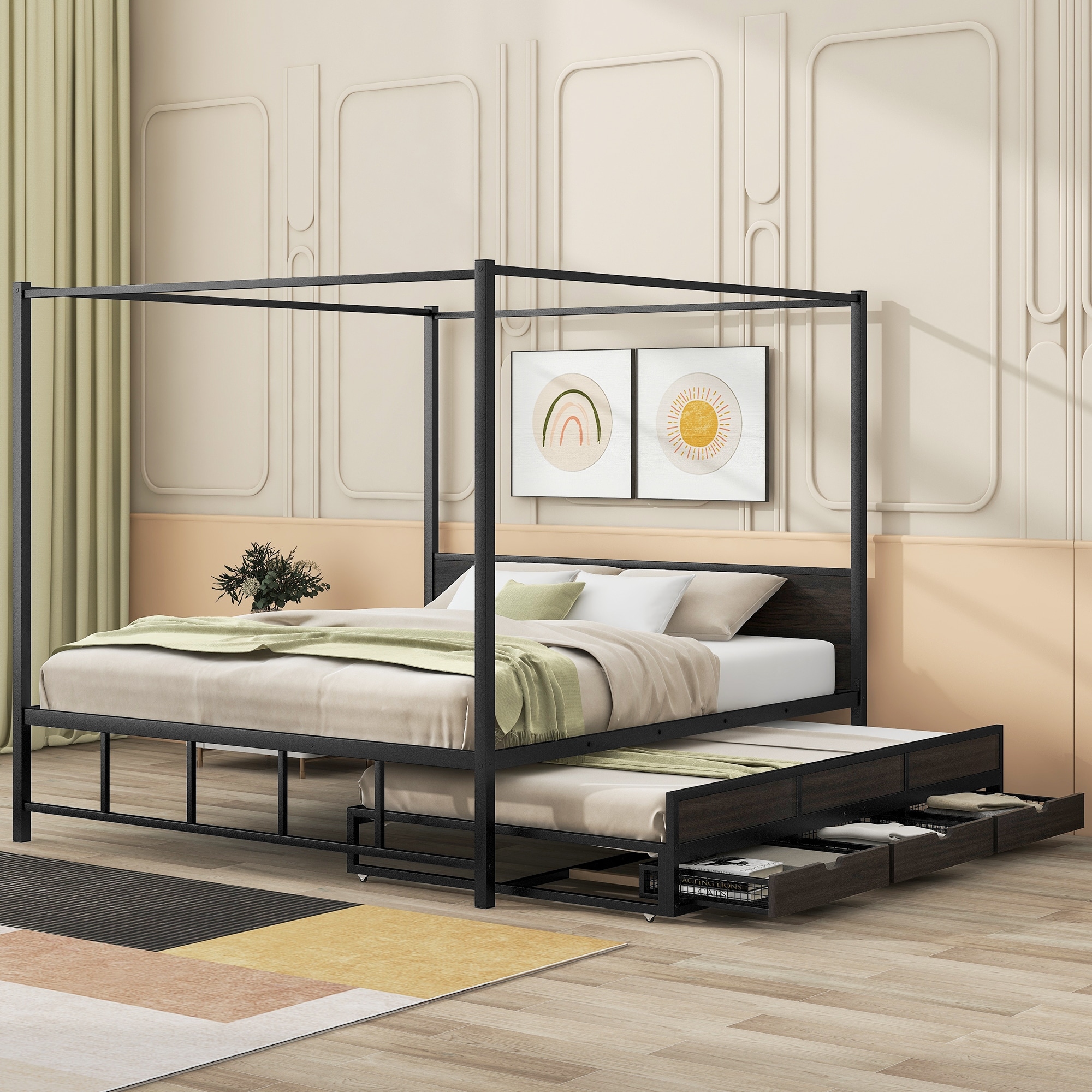 Queen Size Canopy Platform Bed w Twin Size Trundle Bunk Bed Frame