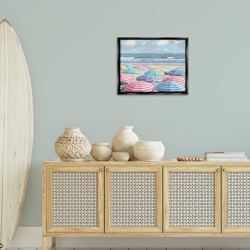 Stupell Shore with Bright Umbrellas Framed Floater Canvas Wall Art Design By Amber Sterling
