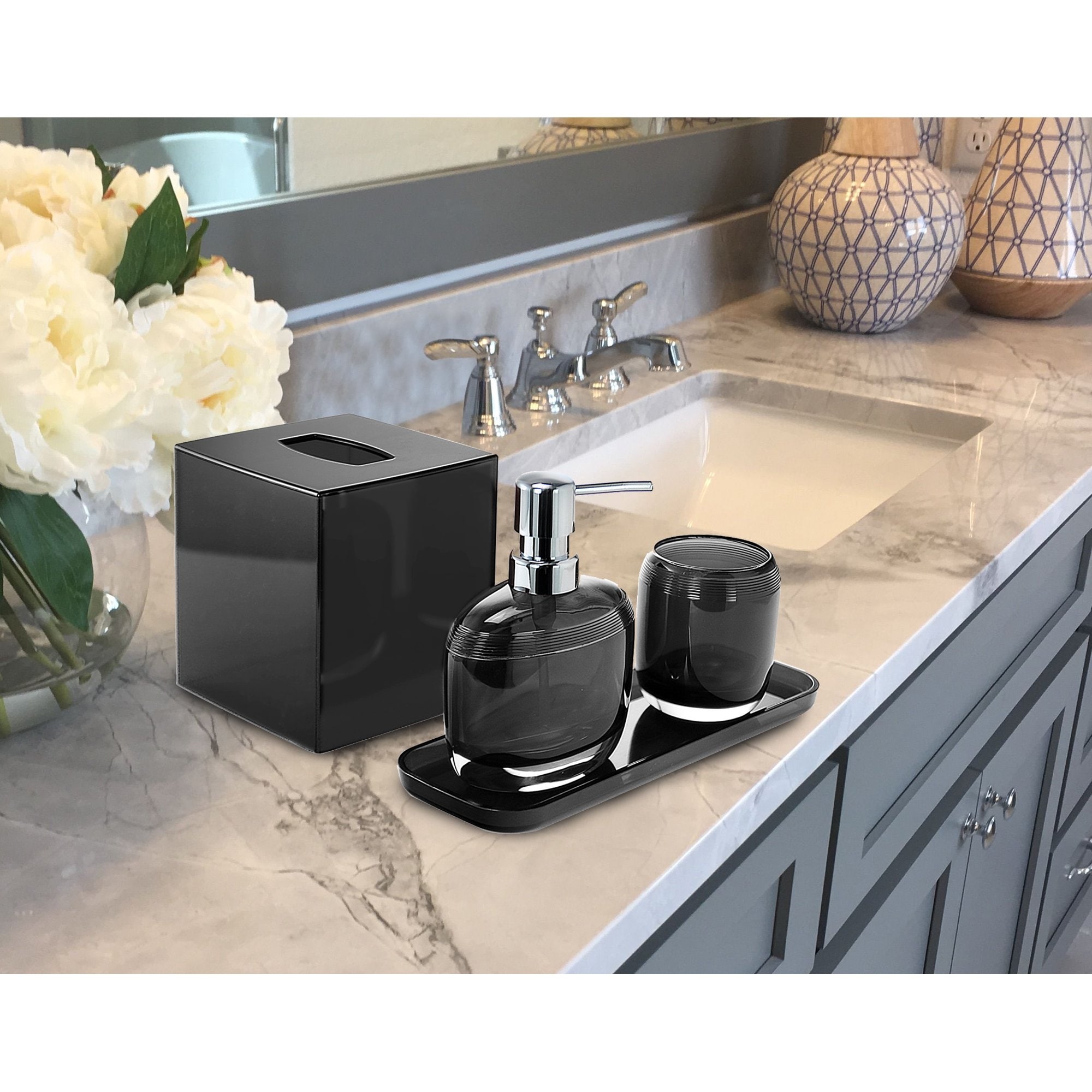 Decozen Bathroom Accessories Set of 6 Includes Soap Lotion Dispenser, Tooth  Brush Holder, Soap Dish, Tumbler, Vanity Tray, and Tissue Box - Black Silver  Gold 