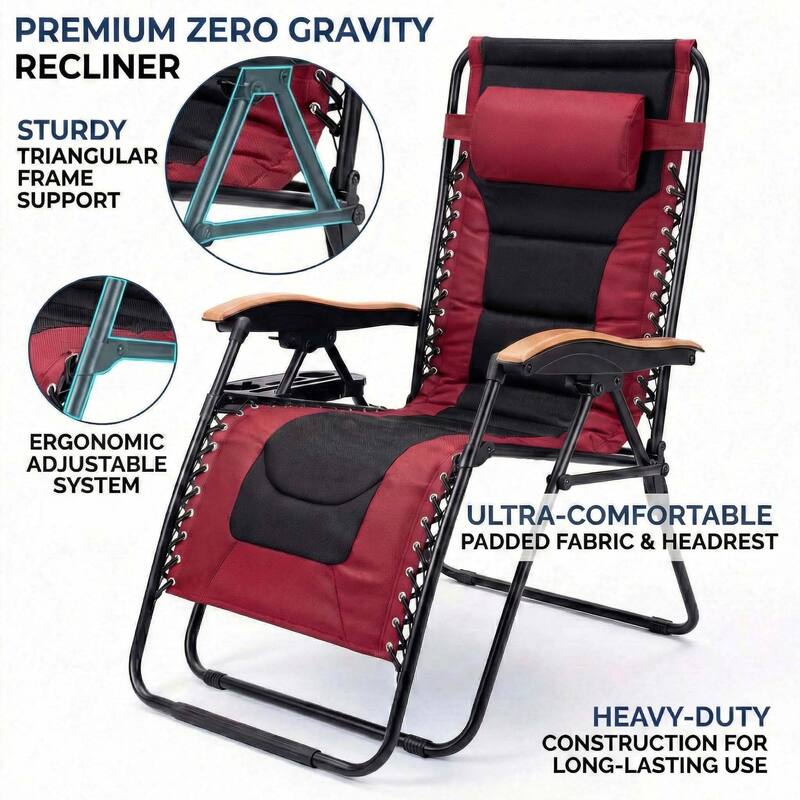 Oversized Padded Zero Gravity Chair,Foldable Patio Recliner,30"Wide Seat Anti Gravity Lounger with Cup Holder,Support 400 LBS