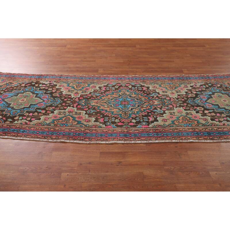 Geometric Hamedan Persian Vintage Runner Rug Handmade Wool Carpet - 3'1"x 10'3"