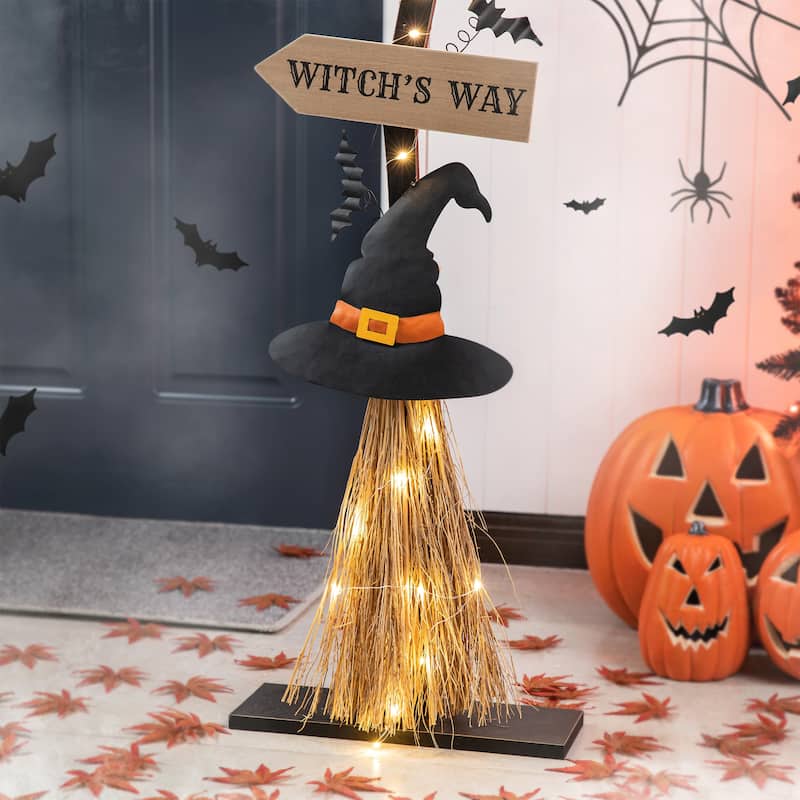 Outdoor 41.75"H Halloween Wooden Witch's Broom Ghost's Broom Standing Porch Decor