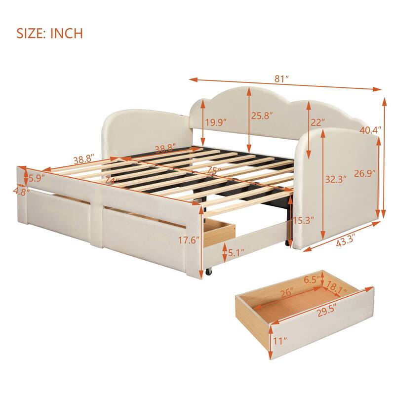 Cloud-Shaped Backrest Daybed, Twin To King Extendable Sofabed, Velvet Upholstered Platform Bed Frame with 2 Arc Armrests