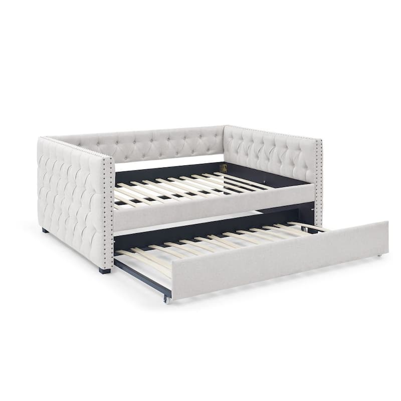 Full Daybed with Trundle Upholstered Tufted Sofa Bed, with Button and Copper Nail on Square Arms