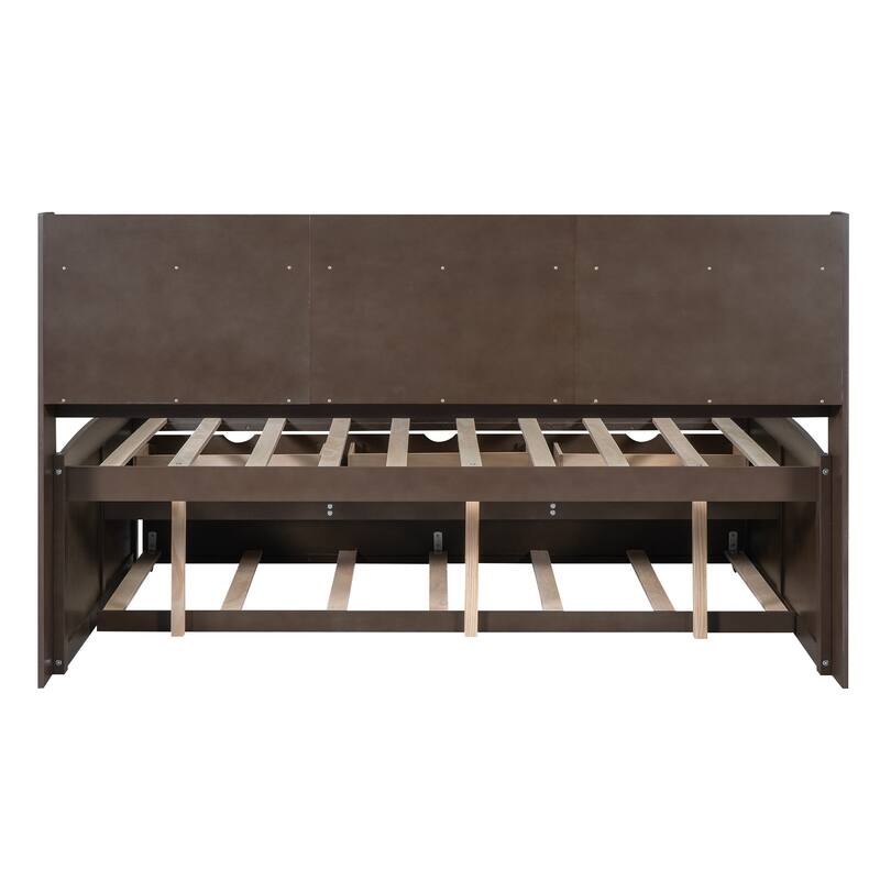 Full Size Wooden Bed with Bookcase Headboard, Three Storage Drawers, and Trundle for Space-Saving Design