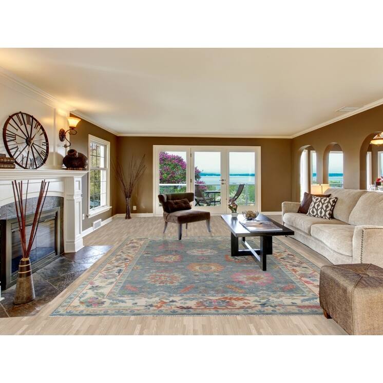 Blue Floral Oushak Oriental Area Rug Handmade Wool Carpet - 8'8"x 12'0"