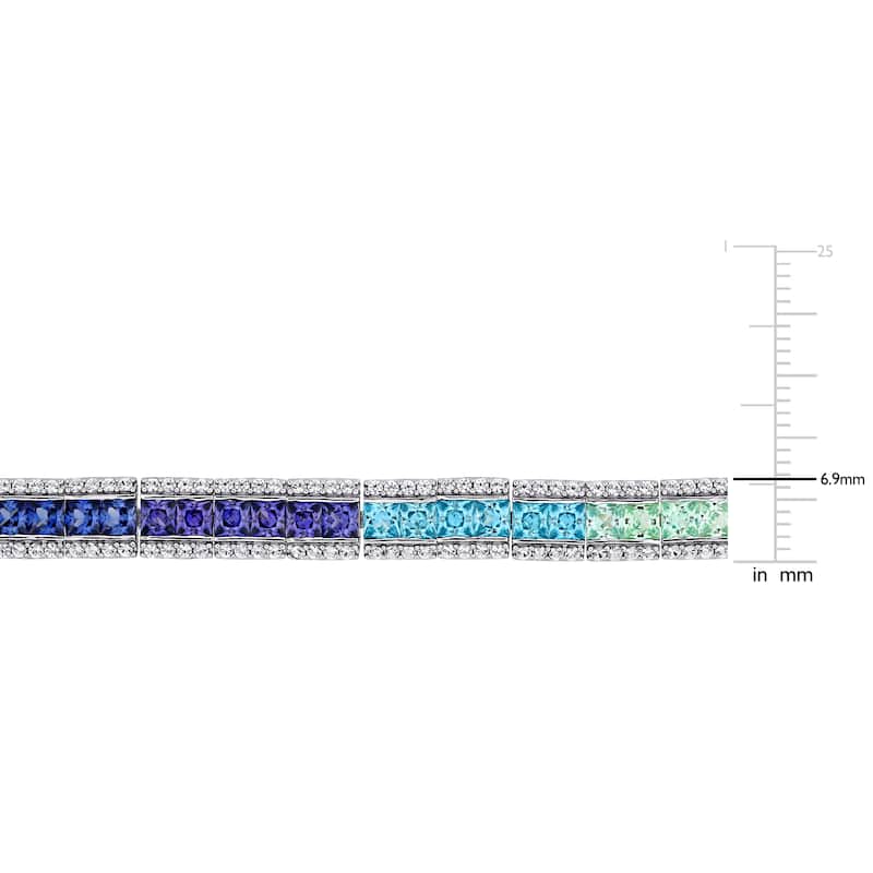 Square-cut Multi-Color Created Sapphire Halo Tennis Bracelet in Sterling Silver by Miadora
