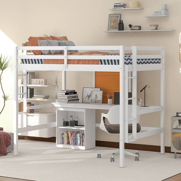 slide 2 of 14, Full Size Wooden Loft Bed with Desk and Writing Board, Wooden Loft Bed with 2 Drawers & Cabinet White