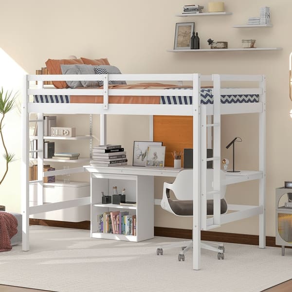slide 2 of 9, White Pine Wood Loft Bed with Desk and Cabinet, Writing Board, Full-Length Guardrail Full - White