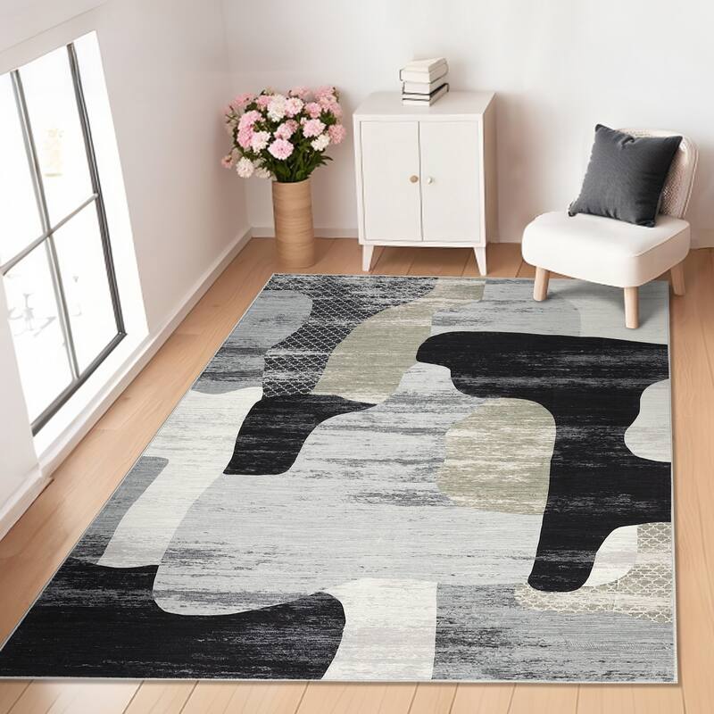 Area Rug Modern Abstract Rugs for Living Room Geometric Non-Slip Backing Low Pile Floor Carpet - 8'x10' - Gray