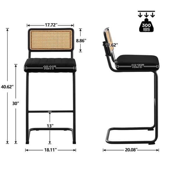 dimension image slide 4 of 15, Velvet Upholstered Rattan Counter/Bar Stools, Set of 2/3