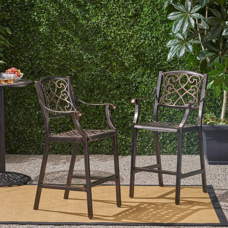 Roomfitters 2-Piece Outdoor Metal Bar Stools, Cast Aluminum Patio Dining Chairs with Ornate Scrollwork Backrest, Copper