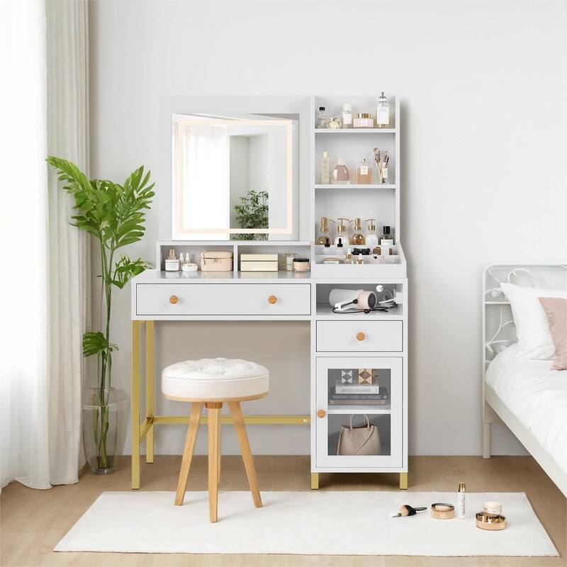 Makeup Vanity Desk with Adjustable LED Mirror, 2 Drawers, Shelves & Charging Station