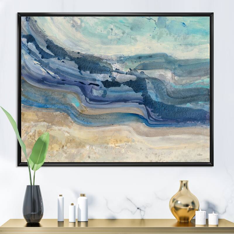 Designart "Coast Blue Sea Waves Watercolour" Modern Farmhouse Framed Canvas - 44 in. wide x 34 in. high - Black