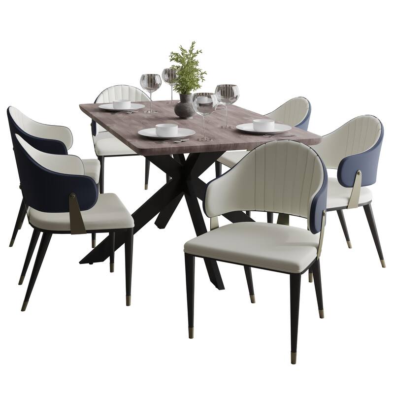 7-Piece Dining Set with 63-Inch Rectangular MDF Dining Table and 6 Leather Arm Chairs - Blue