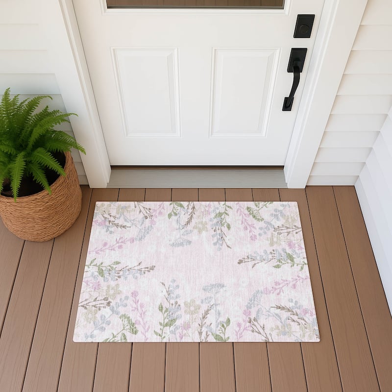 Machine Washable Indoor/ Outdoor Floral Border Chantille Rug - Pink - 1'8" x 2'6"