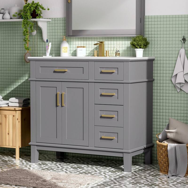 36" Modern Bathroom Vanity with Ceramic Sink, Soft Close Doors, 4 Drawers for Storage