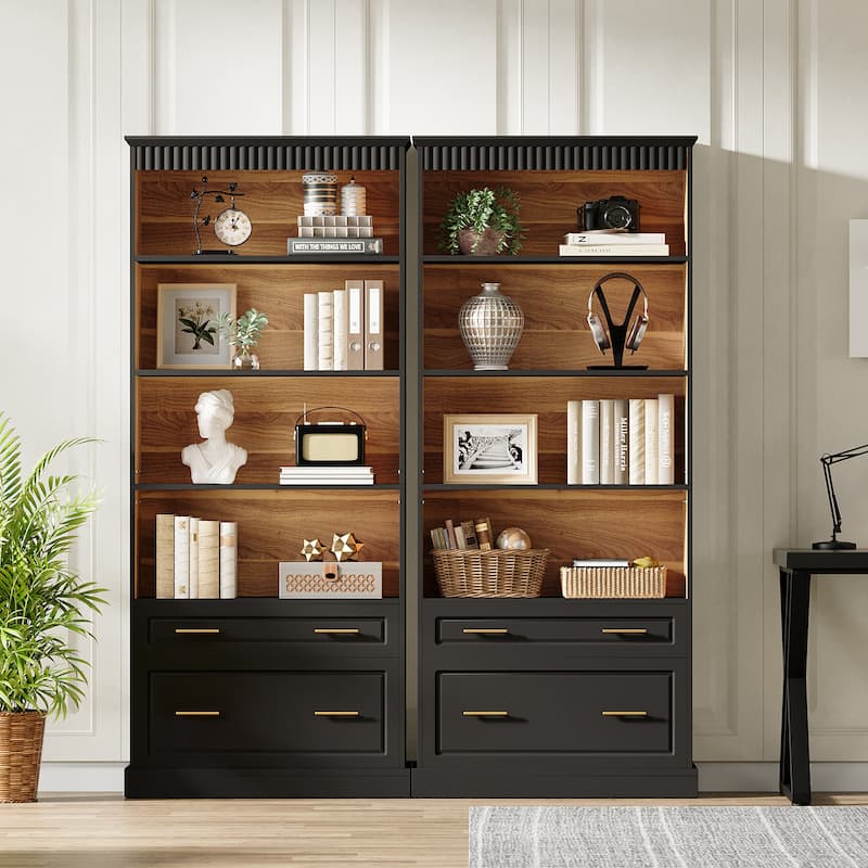 Tall 5-shelf Bookcase Bookshelf with Drawers (Set of 2) - Black Oak