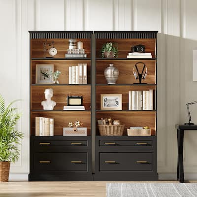 Tall 5-shelf Bookcase Bookshelf with Drawers (Set of 2)