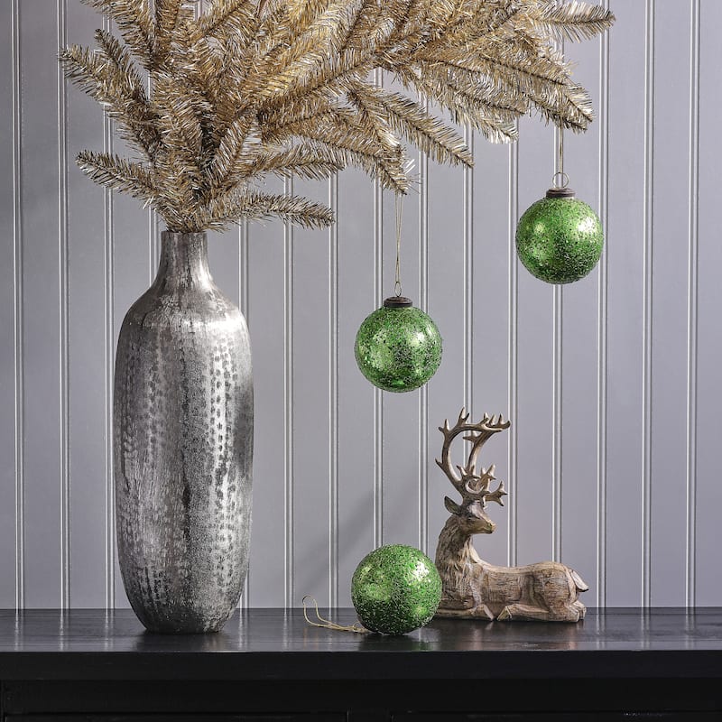 4" Metallic Crackle Glass Ball Ornament Set of 3