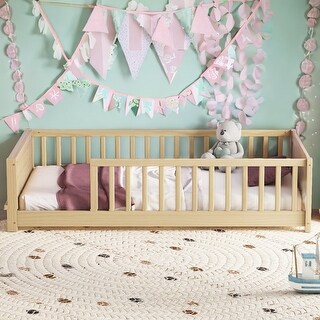 Floor Twin size Platform Bed with Built-in Book Storage Rack