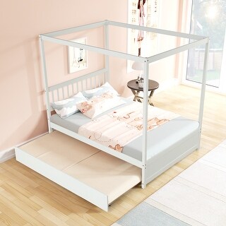 Nestfair Full Size Canopy Bed with Twin Trundle, Kids Solid Wood Platform Bed Frame w/ Headboard, No Box Spring Needed