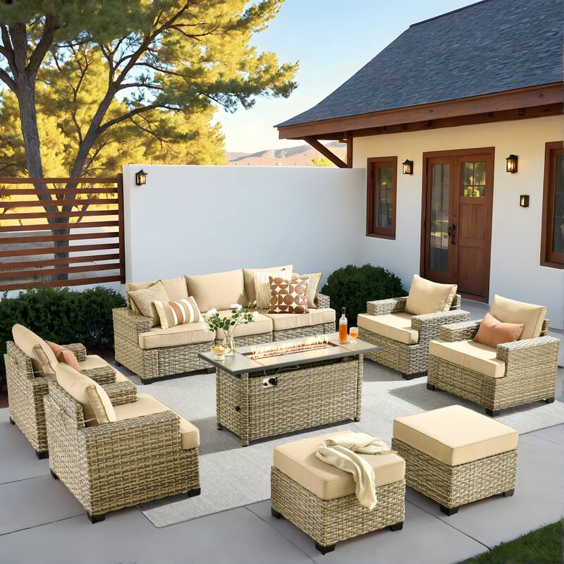 HOOOWOOO 10-piece Outdoor Wicker Wide Arm Patio Furniture Set with Fire Pit - Beige
