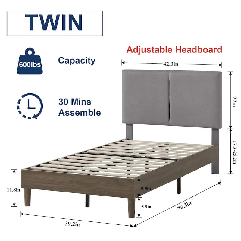 Javlergo Upholstered Bed Frame with Linen Fabric Adjustable Headboard, Strong Wood Slats Supports, No Box Spring Needed