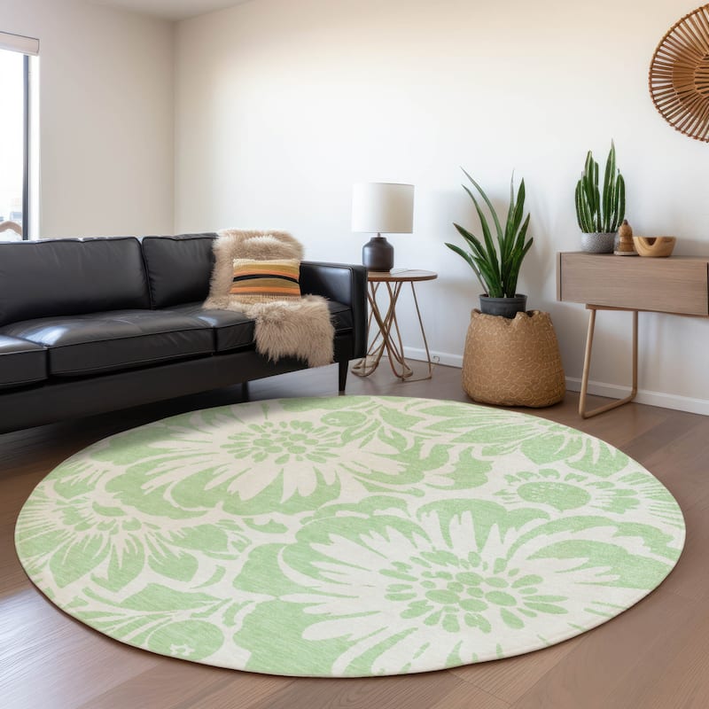 Machine Washable Indoor/ Outdoor Whimsy Floral Chantille Rug - Mint - 8' x 8'